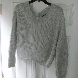 Express Sweater gray & cream Chunky Knit Lace up split back Oversized size S